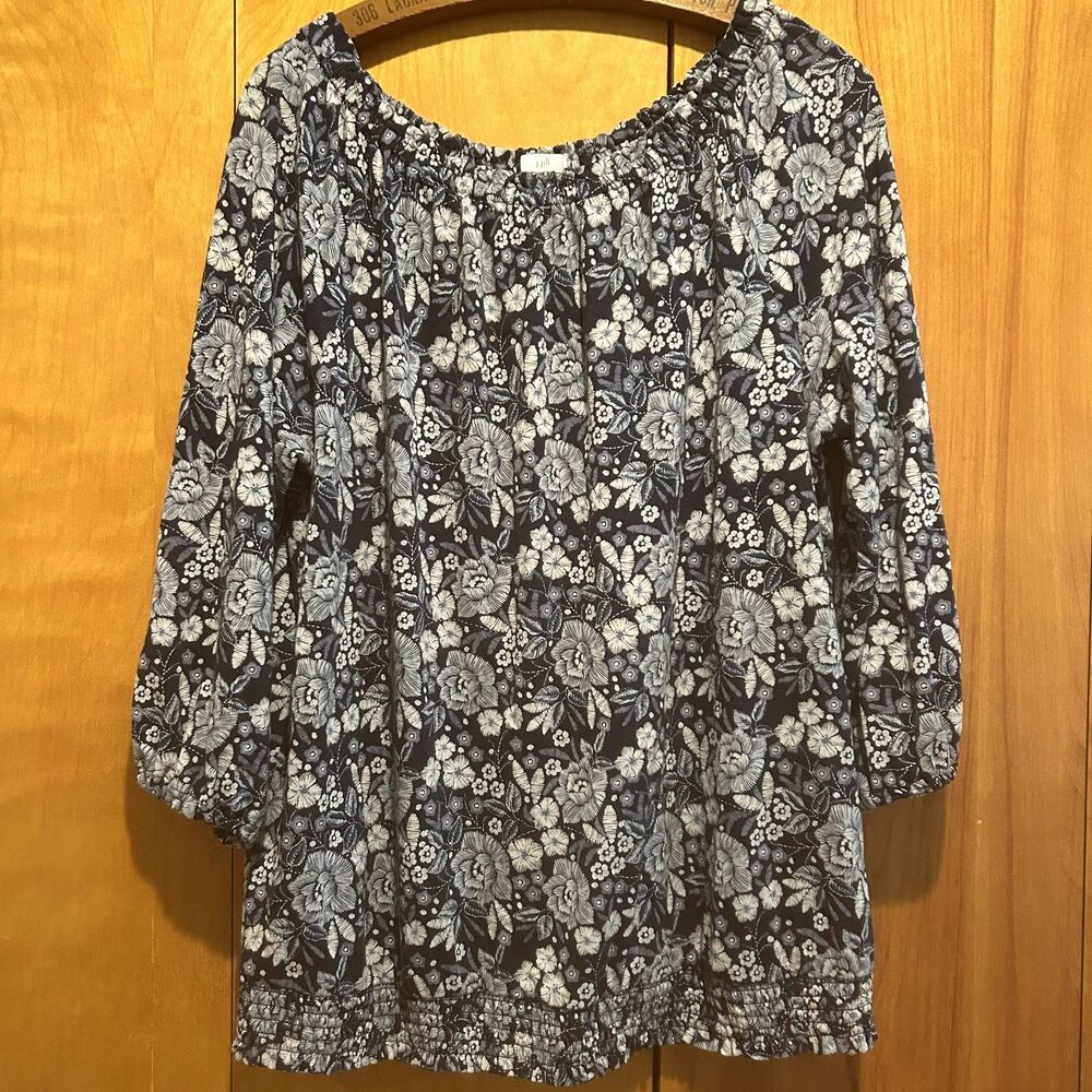 J.Jill Bubble‎ Hem Blouse-Smocking-Blue Floral-Sz XL-Cottagecore-Mature-Office